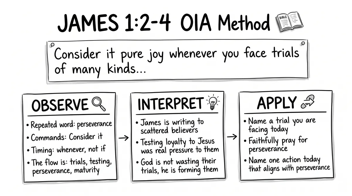 James 1:2-4 worked through Observe, Interpret and Apply in three hand-drawn boxes