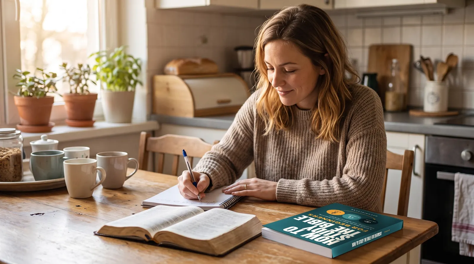 Someone studying at a kitchen table with an open Bible, a notebook and the paperback of How to Study the Bible for Beginners