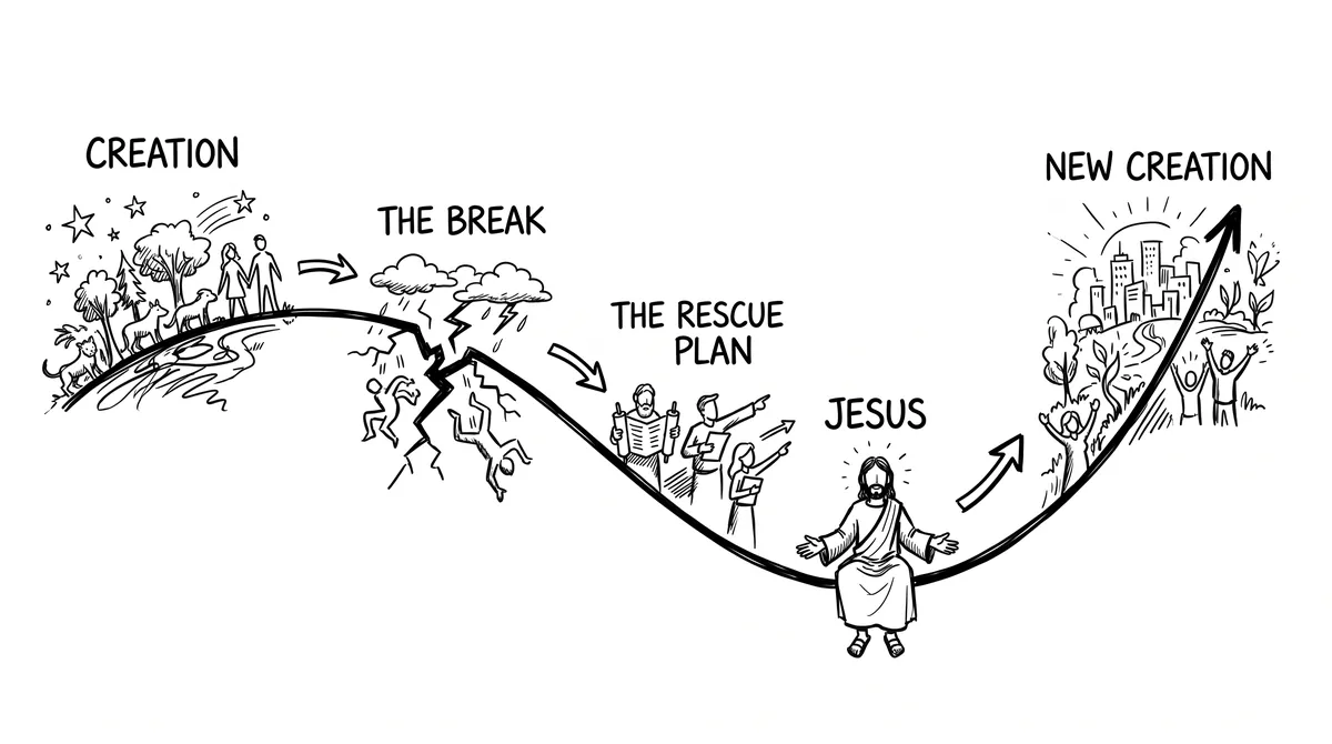Hand-drawn path from creation, through the break and the rescue plan, to Jesus and new creation