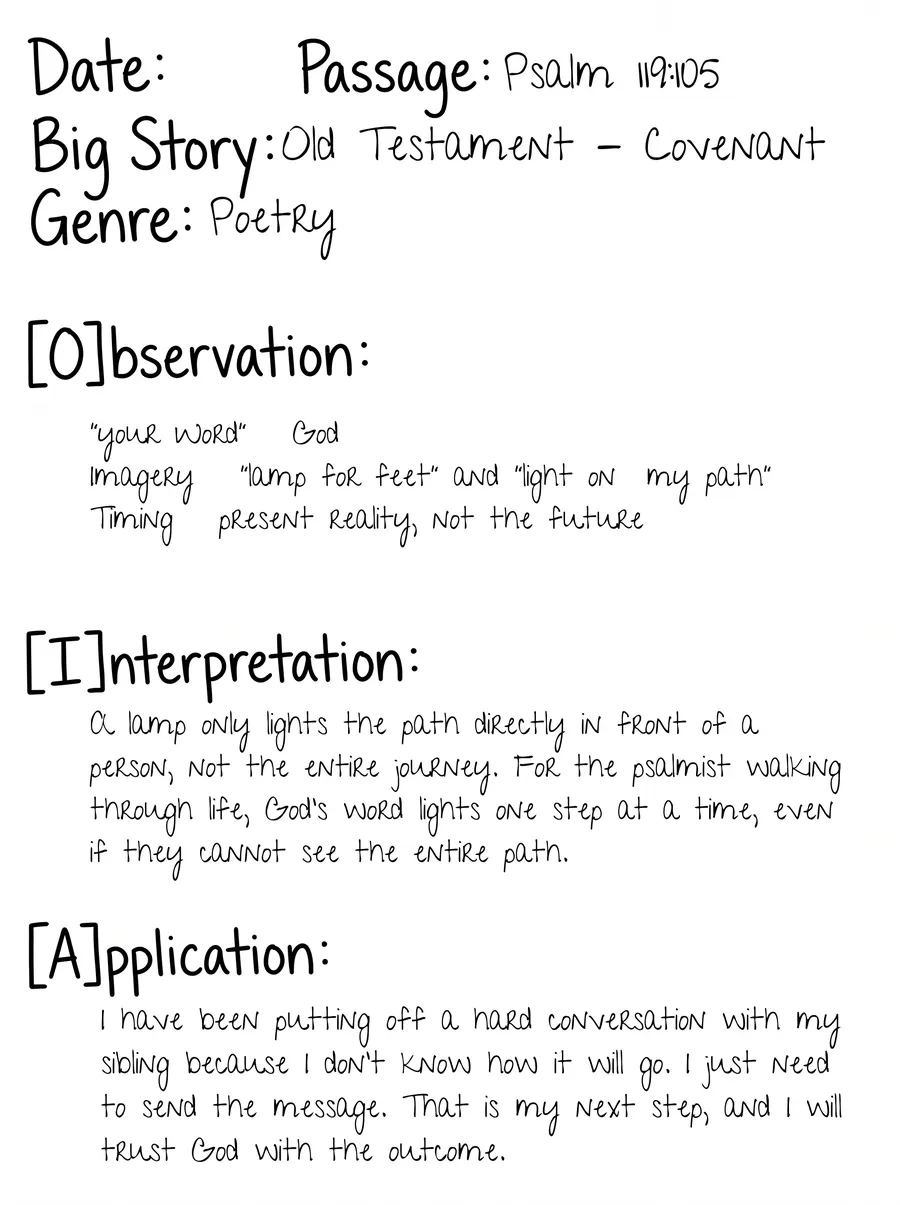 A handwritten OIA study of Psalm 119:105 from the book, with Observation, Interpretation and Application notes