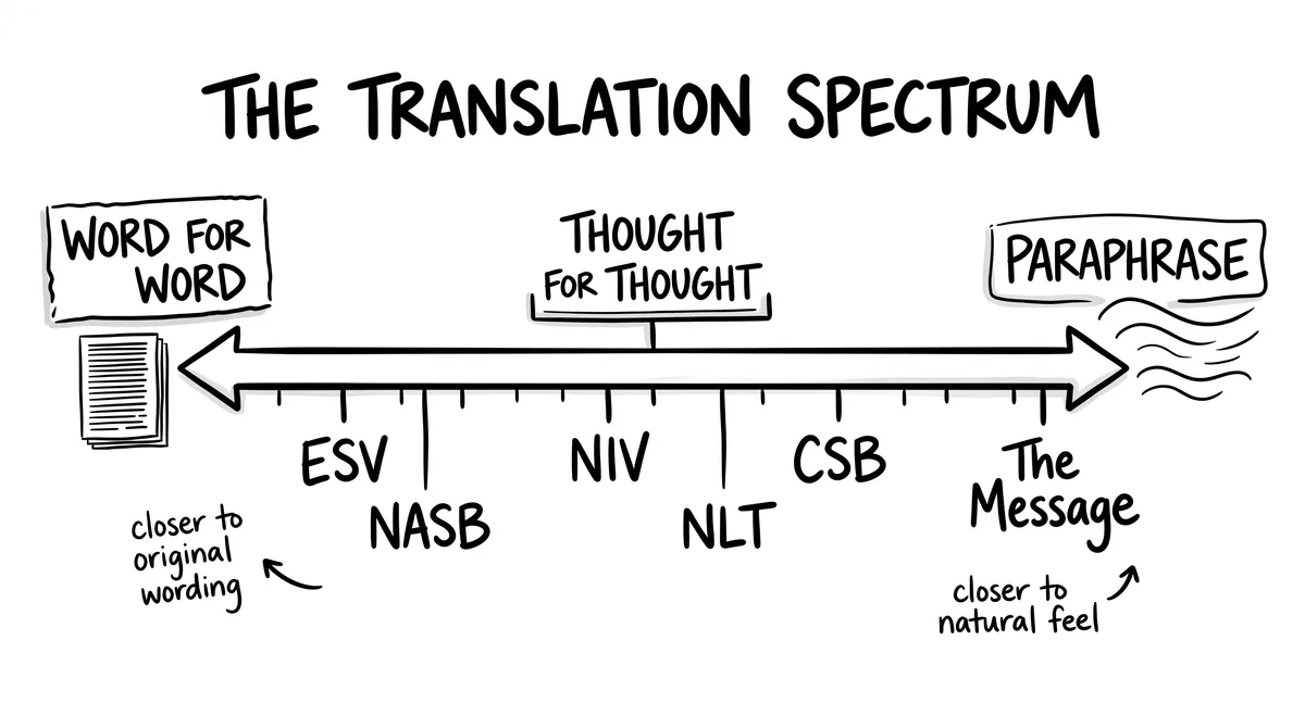 Hand-drawn spectrum of Bible translations from word for word to paraphrase: ESV, NASB, NIV, NLT, CSB, The Message